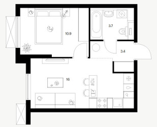 Планировка однокомнатной(квартира) площадью 34 квадратных метров в ЖК “ЖК Томилинский бульвар”