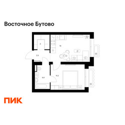 Планировка однокомнатной(квартира) площадью 35 квадратных метров в ЖК “ЖК Восточное Бутово”