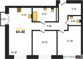 Планировка двухкомнатной(квартира) площадью 64.3 квадратных метров в ЖК “ЖК Квартал Метроном”
