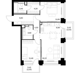 Планировка двухкомнатной(квартира) площадью 69.36 квадратных метров в ЖК “ЖК НОВА”