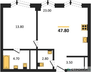 Планировка однокомнатной(квартира) площадью 47.8 квадратных метров в ЖК “ICE TOWERS (Айс Тауэрс)”