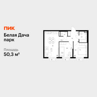 Планировка двухкомнатной(квартира) площадью 50.3 квадратных метров в “ЖК Белая Дача парк”