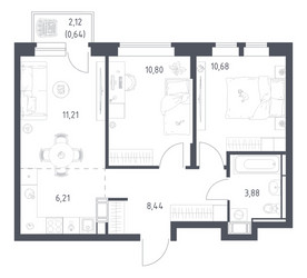 Планировка двухкомнатной(квартира) площадью 51.86 квадратных метров в ЖК “ЖК Большое Путилково”