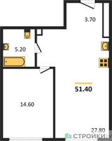 Планировка однокомнатной(квартира) площадью 51.4 квадратных метров в “Квартал Тишинский Бульвар”