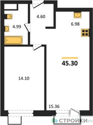 Планировка однокомнатной(квартира) площадью 45.3 квадратных метров в ЖК “ЖК УНО Соколиная гора”
