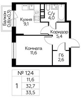Планировка однокомнатной(квартира) площадью 33.5 квадратных метров в “ЖК Цветочные Поляны Сити”