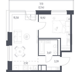 Планировка однокомнатной(квартира) площадью 38.54 квадратных метров в ЖК “ЖК Верейская 41”