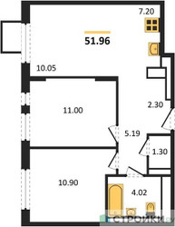 Планировка двухкомнатной(квартира) площадью 51.96 квадратных метров в ЖК “ЖК Горки Парк”