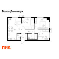 Планировка трехкомнатной(квартира) площадью 68.2 квадратных метров в “ЖК Белая Дача парк”