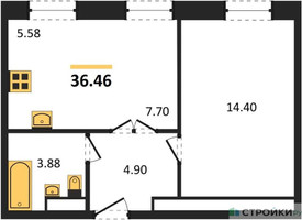 Планировка однокомнатной(апартаменты) площадью 36.46 квадратных метров в “ЖК Движение. Говорово”