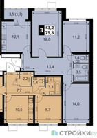 Планировка трехкомнатной(квартира) площадью 75.3 квадратных метров в “ЖК 1-й Южный (Первый Южный)”