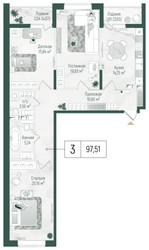 Планировка трехкомнатной(квартира) площадью 101.37 квадратных метров в ЖК “ЖК Рига Хиллс”