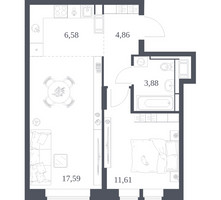 Планировка однокомнатной(квартира) площадью 44.52 квадратных метров в “ЖК Большое Путилково”