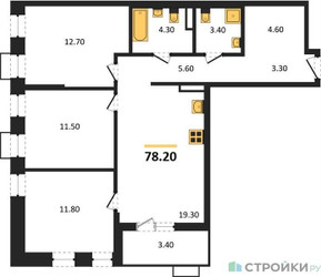 Планировка трехкомнатной(квартира) площадью 78.2 квадратных метров в ЖК “ЖК Деснаречье”