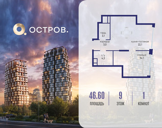 Планировка однокомнатной(квартира) площадью 46.62 квадратных метров в ЖК “ЖК Остров”