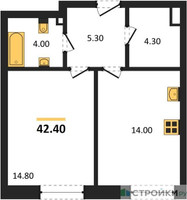 Планировка однокомнатной(квартира) площадью 42.4 квадратных метров в “ЖК СТОУН Райз”