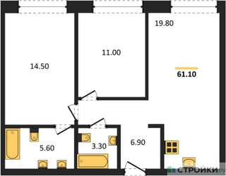 Планировка двухкомнатной(квартира) площадью 61.1 квадратных метров в ЖК “ЖК Moments (Моментс)”