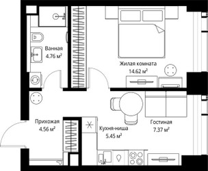 Планировка однокомнатной(квартира) площадью 36.76 квадратных метров в ЖК “ЖК Веер”
