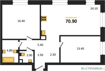 Планировка двухкомнатной(квартира) площадью 70.9 квадратных метров в ЖК “ЖК Шагал”