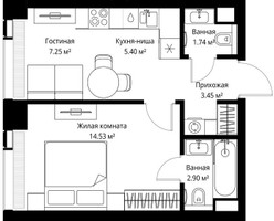Планировка однокомнатной(квартира) площадью 35.27 квадратных метров в “ЖК Веер”
