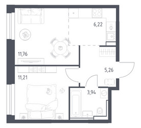 Планировка однокомнатной(квартира) площадью 38.39 квадратных метров в ЖК “ЖК Квартал Строгино”