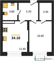 Планировка однокомнатной(квартира) площадью 34.1 квадратных метров в “ЖК Видный берег 2”