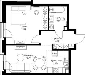 Планировка однокомнатной(квартира) площадью 45.53 квадратных метров в ЖК “Дом премиум-класса МИРА”