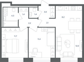 Планировка трехкомнатной(квартира) площадью 57.7 квадратных метров в “ЖК Равновесие”