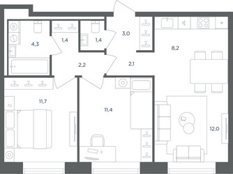 Планировка трехкомнатной(квартира) площадью 57.7 квадратных метров в ЖК “ЖК Равновесие”