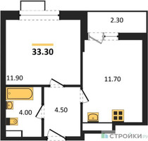 Планировка однокомнатной(квартира) площадью 33.3 квадратных метров в “ЖК Скандинавия”