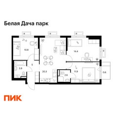 Планировка трехкомнатной(квартира) площадью 69.5 квадратных метров в ЖК “ЖК Белая Дача парк”