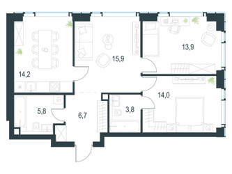 Планировка трехкомнатной(квартира) площадью 75.3 квадратных метров в ЖК “ЖК Левел Мичуринский”