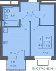 Планировка однокомнатной(квартира) площадью 32.95 квадратных метров в ЖК “ЖК Богдановский Лес”