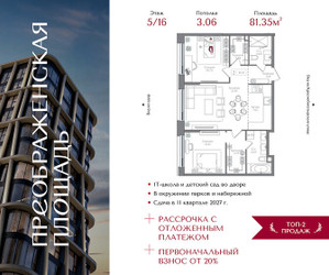 Планировка двухкомнатной(квартира) площадью 81.35 квадратных метров в ЖК “ЖК Преображенская Площадь”
