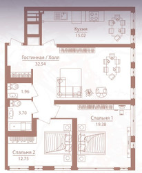 Планировка трехкомнатной(квартира) площадью 85.2 квадратных метров в “ЖК Onyx Deluxe”