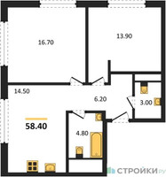 Планировка двухкомнатной(квартира) площадью 58.4 квадратных метров в “ЖК Сиреневый парк”