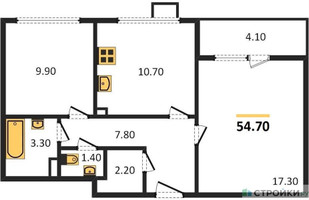 Планировка двухкомнатной(квартира) площадью 54.7 квадратных метров в “ЖК Первый Лермонтовский”