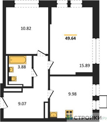 Планировка двухкомнатной(квартира) площадью 49.64 квадратных метров в ЖК “ЖК Большое Путилково”