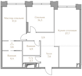 Планировка двухкомнатной(квартира) площадью 89.7 квадратных метров в ЖК “ЖК Коллекция Лужники”