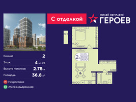 Планировка двухкомнатной(квартира) площадью 36.8 квадратных метров в “ЖК Героев”