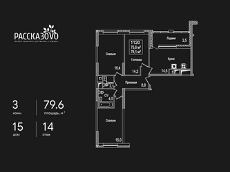 Планировка трехкомнатной(квартира) площадью 79.6 квадратных метров в ЖК “ЖК Рассказово”