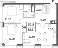Планировка трехкомнатной(квартира) площадью 81.6 квадратных метров в “ЖК Will Towers (Вилл Тауэрс)”