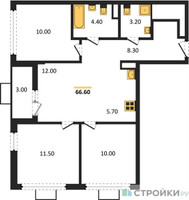 Планировка трехкомнатной(квартира) площадью 66.6 квадратных метров в “ЖК Бунинские кварталы”
