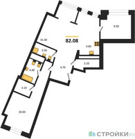 Планировка трехкомнатной(квартира) площадью 82.08 квадратных метров в “ЖК Маршал”