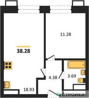 Планировка однокомнатной(квартира) площадью 38.28 квадратных метров в “ЖК Квартал Румянцево (МелиСад)”