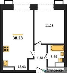 Планировка однокомнатной(квартира) площадью 38.28 квадратных метров в ЖК “ЖК Квартал Румянцево (МелиСад)”