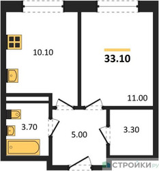 Планировка однокомнатной(квартира) площадью 33.1 квадратных метров в ЖК “ЖК Ольховый Квартал”