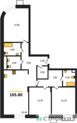 Планировка трехкомнатной(квартира) площадью 105.8 квадратных метров в ЖК “ЖК Резиденции Сколково”