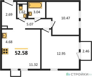 Планировка двухкомнатной(квартира) площадью 52.58 квадратных метров в ЖК “ЖК Остафьево”