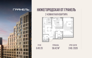 Планировка двухкомнатной(квартира) площадью 58.42 квадратных метров в “ЖК Нижегородская от Гранель”